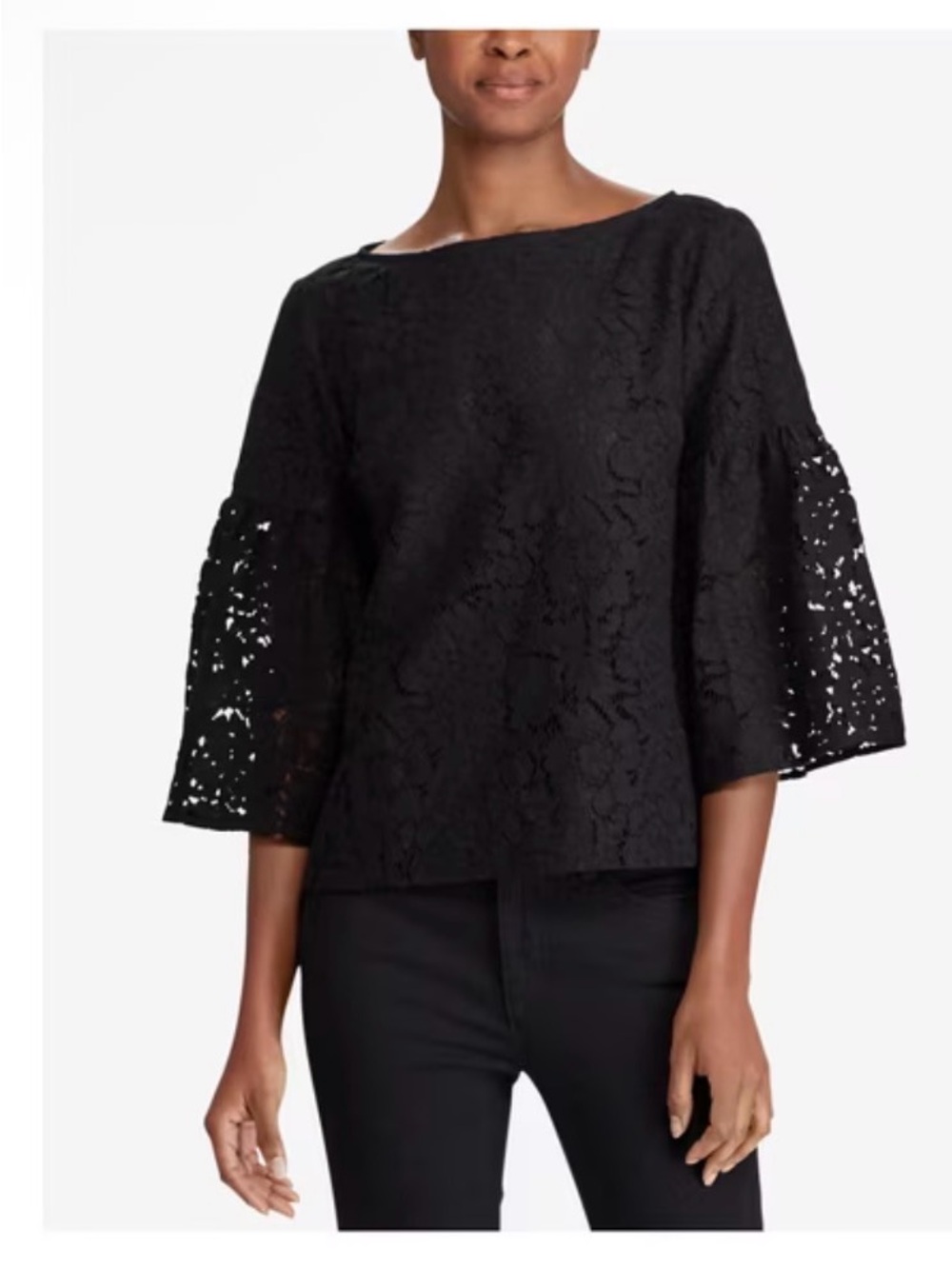 LAUREN RALPH LAUREN Women Black Lace Boatneck Bell Sleeve Blouse Small Holiday
